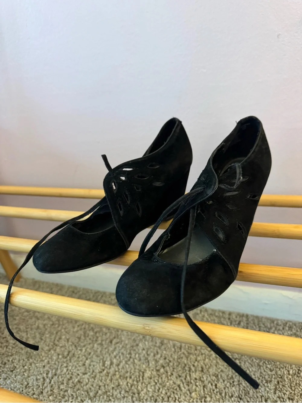 Apostrophe Black Suede Lace-Up Cutout Wedges